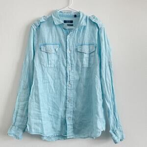 Saks Fifth Avenue Button Up Shirt Men L Mint Blue Linen Slim Fit Roll Tab Resort